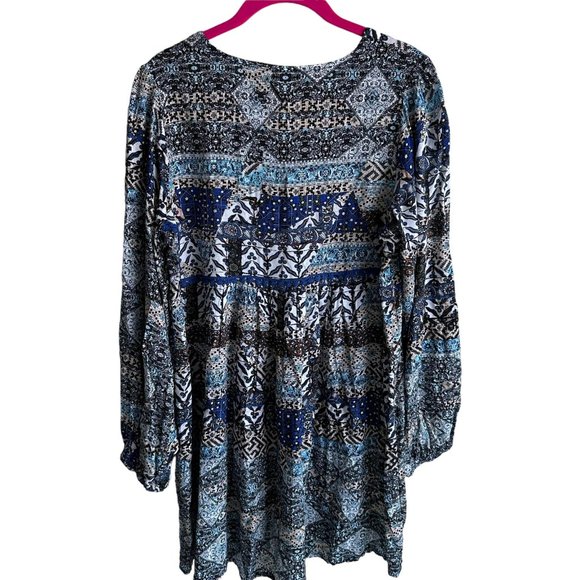 JAASE Blue‎ Geometric Shape Boho Printed Ladies Babydoll Long Sleeve Dress, S - Picture 2 of 5